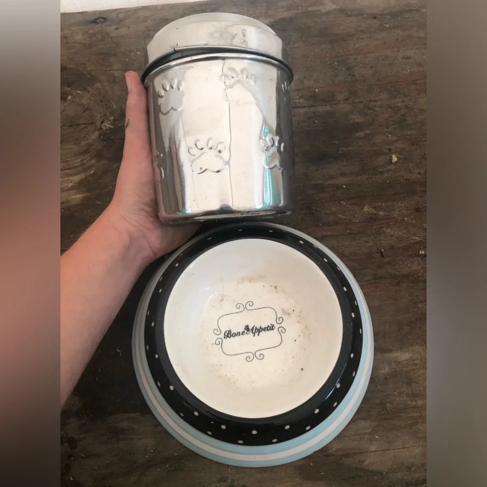 Bon appetite ceramic pet dog dish bowl with stainless paw print treat tin lid